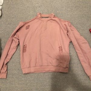 Open shoulder light pink ripped trendy sweatshirt
